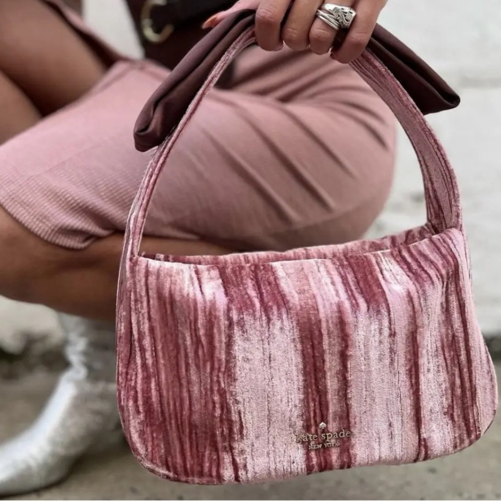 Kate Spade Purse Pink Velvet Textile Baguette Shoulder Bag Zip Closure